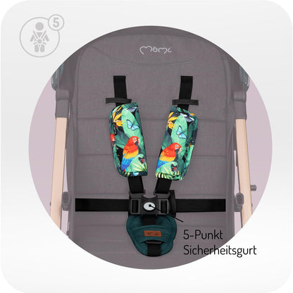 MoMi ESTELLE Kinderwagen ab 6. Monat (bis 15 kg), klappbarer Buggy mit 5-Punkt-Sicherheitsgurt, Einkaufskorb und Liegefunktion, Teleskop-Stange zum Ziehen, steht nach dem Zusammenklappen